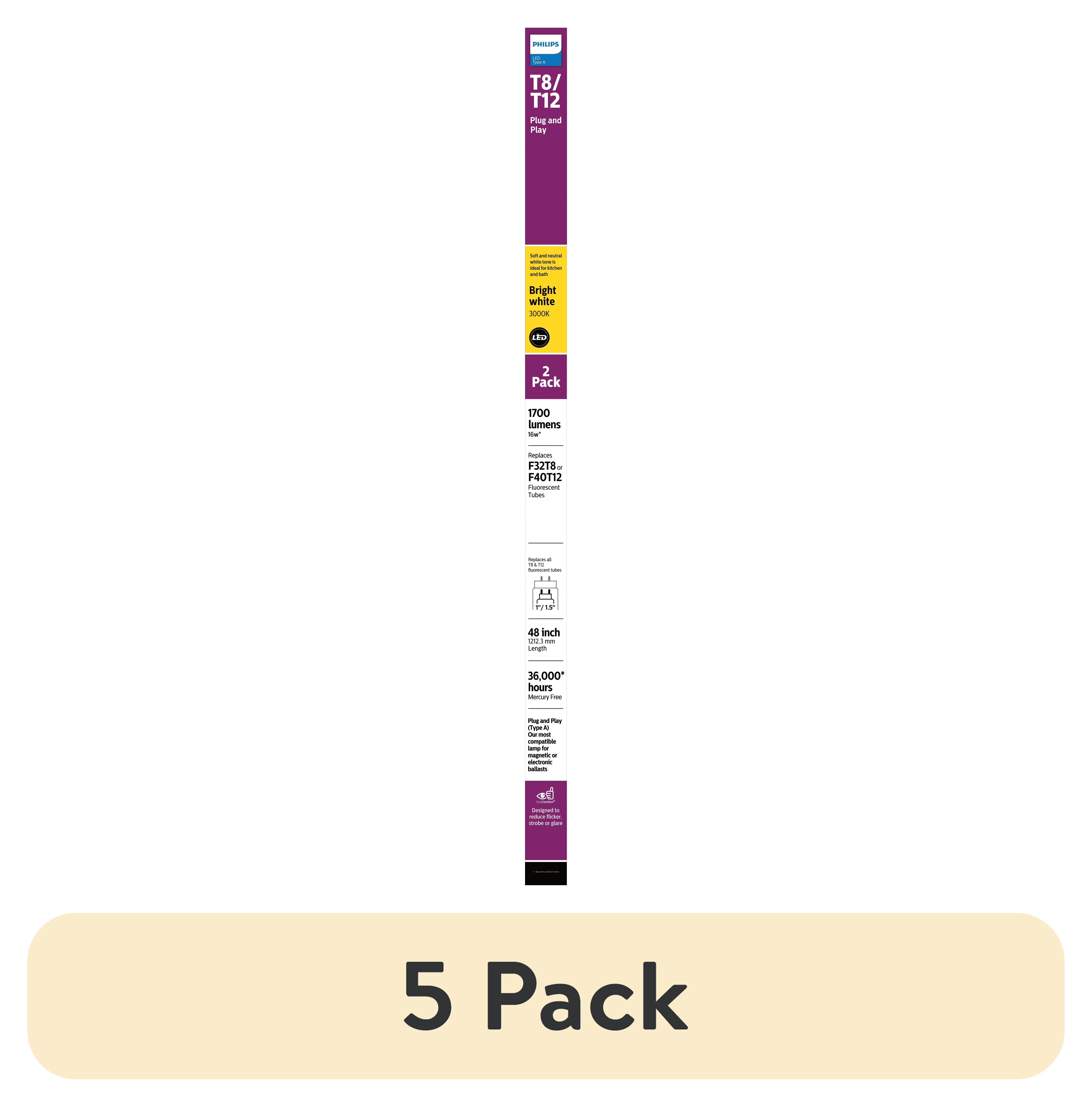 (5 pack) Philips Plug and Play 4Ft (48-inch) Type A T8/T12 Warm White (3000 Kelvin) 32-Watt LED Tube (2 Pack)