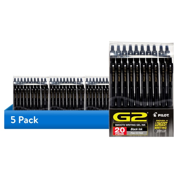 (5 pack) Pilot G2 Retractable Gel Ink Pens, Fine Point, Black, 20 Count