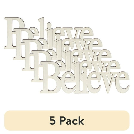 (5 pack) Plaid Unpainted Wood Surface Shape, Believe, 7"