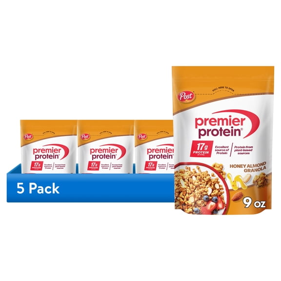 (5 pack) Premier Protein Granola, Honey Almond Flavored Crunchy Clusters, 9 oz Resealable Bag