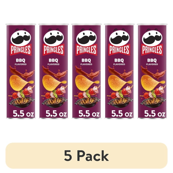 (5 pack) Pringles BBQ Potato Crisps Chips, Lunch Snacks, 5.5 oz Canister