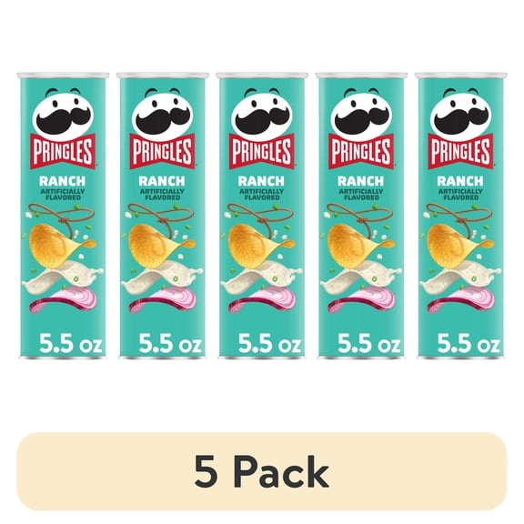 (5 pack) Pringles Ranch Potato Crisps Chips, Lunch Snacks, 5.5 oz Canister