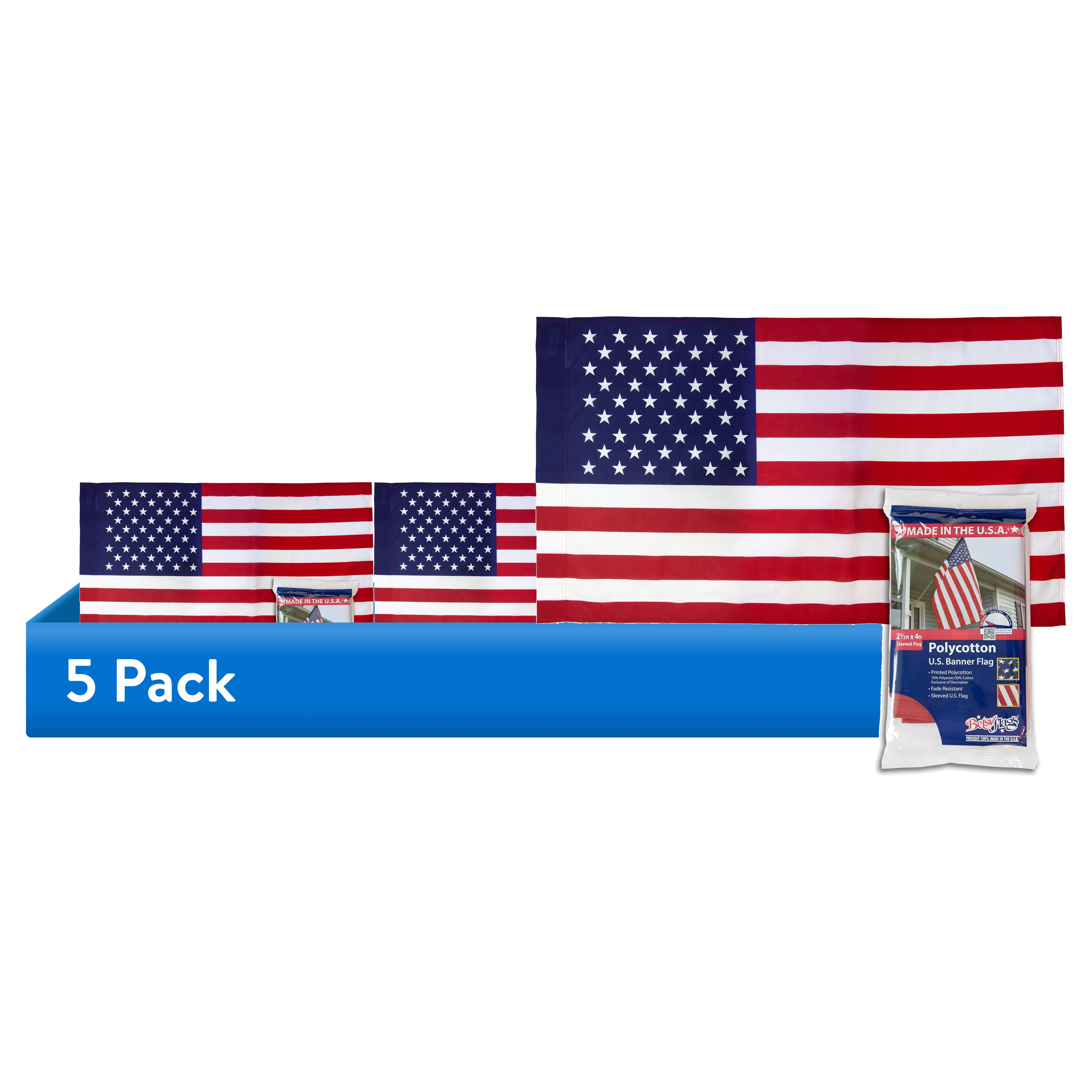 (5 pack) Printed Polycotton American Flag, Sleeved Banner Betsy Flags, 2.5' x 4'