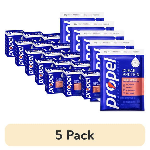 (5 pack) Propel Clear Protein Powder, Peach Ginger,(5 Servings), 3-in-1 GLP-1Support: Hydration, 20g Protein, 3g Fiber, Zero Sugar, 90 Calories, No AddedColors, No Artificial Sweeteners or Flavors, 0.98 oz