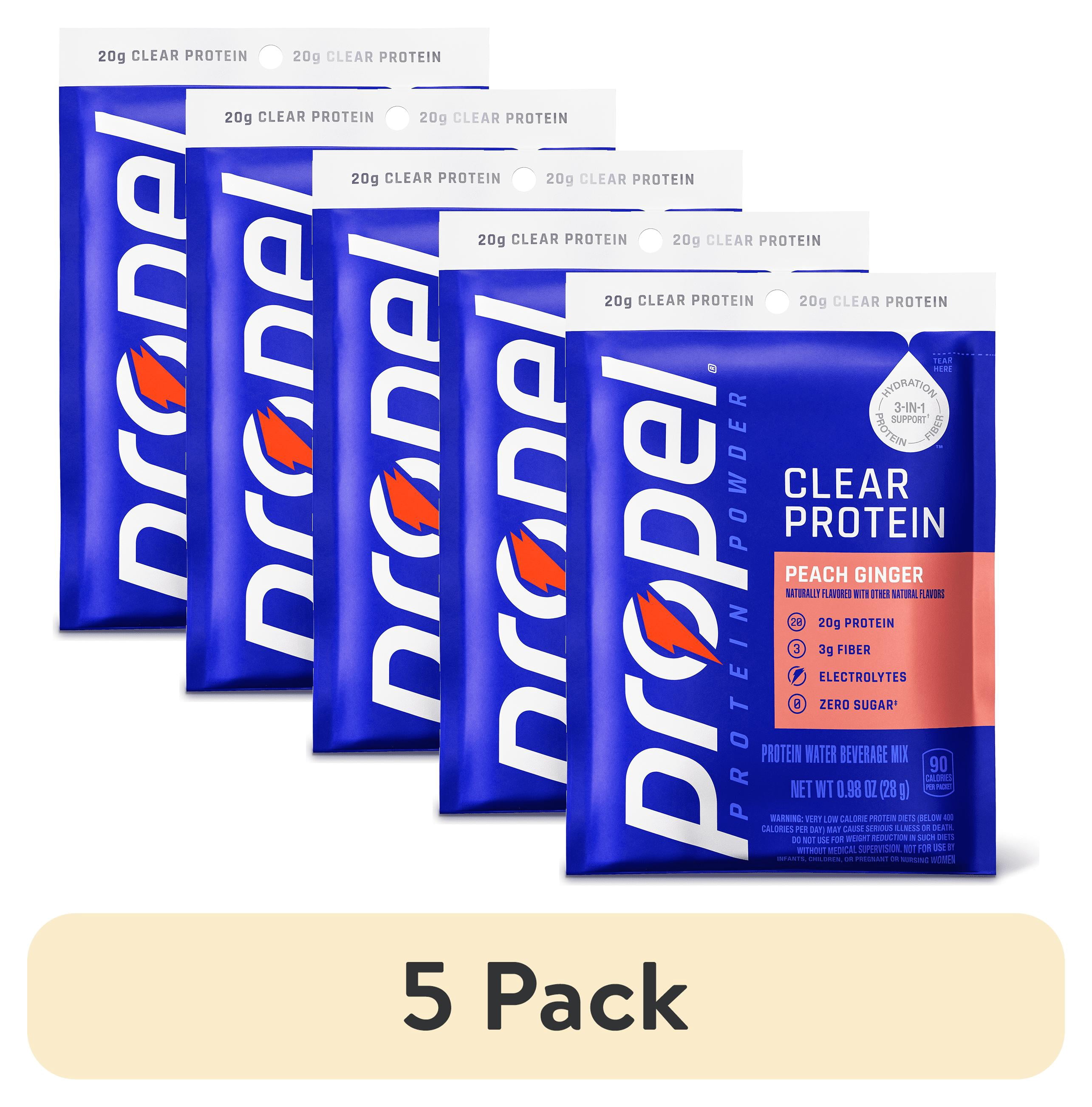 (5 pack) Propel Clear Protein, 20g Protein, Zero Sugar, Peach Ginger, Powdered Clear Protein Drink Mix, 0.98 oz