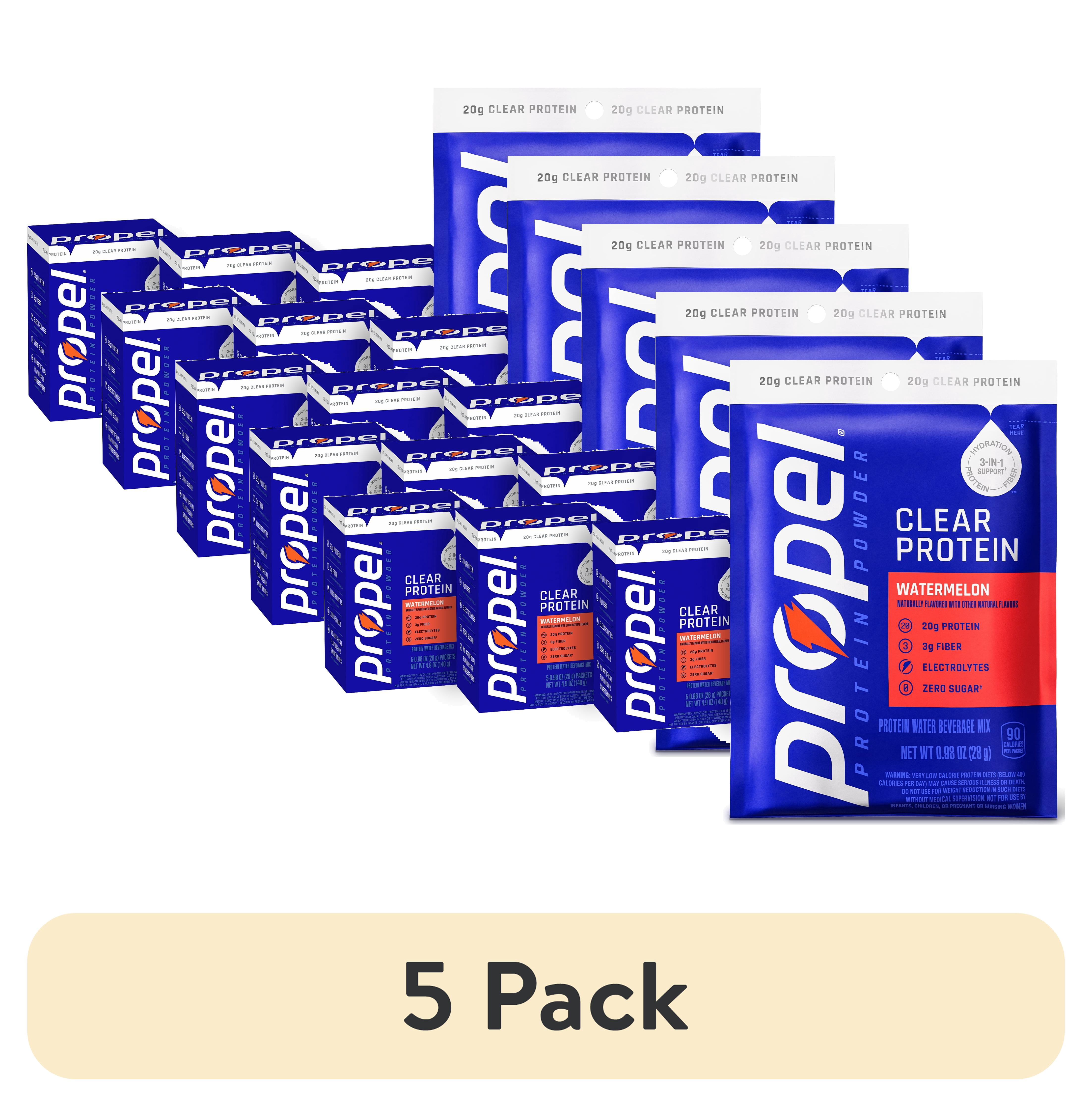 (5 pack) Propel Clear Protein Powder, Watermelon, (5 Servings), 3-in-1 GLP-1 Support: Hydration, 20g Protein, 3g Fiber, Zero Sugar, 90 Calories, No Added Colors, No Artificial Sweeteners or Flavors, 0.98 oz