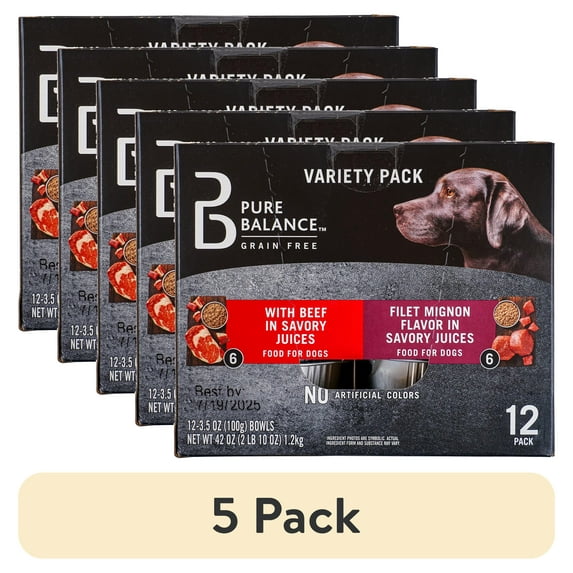 (5 pack) Pure Balance Grain Free With Beef and Filet Mignon Flavor in Savory Juices Wet Dog Food Variety Pack, 3.5 oz, 12 Count