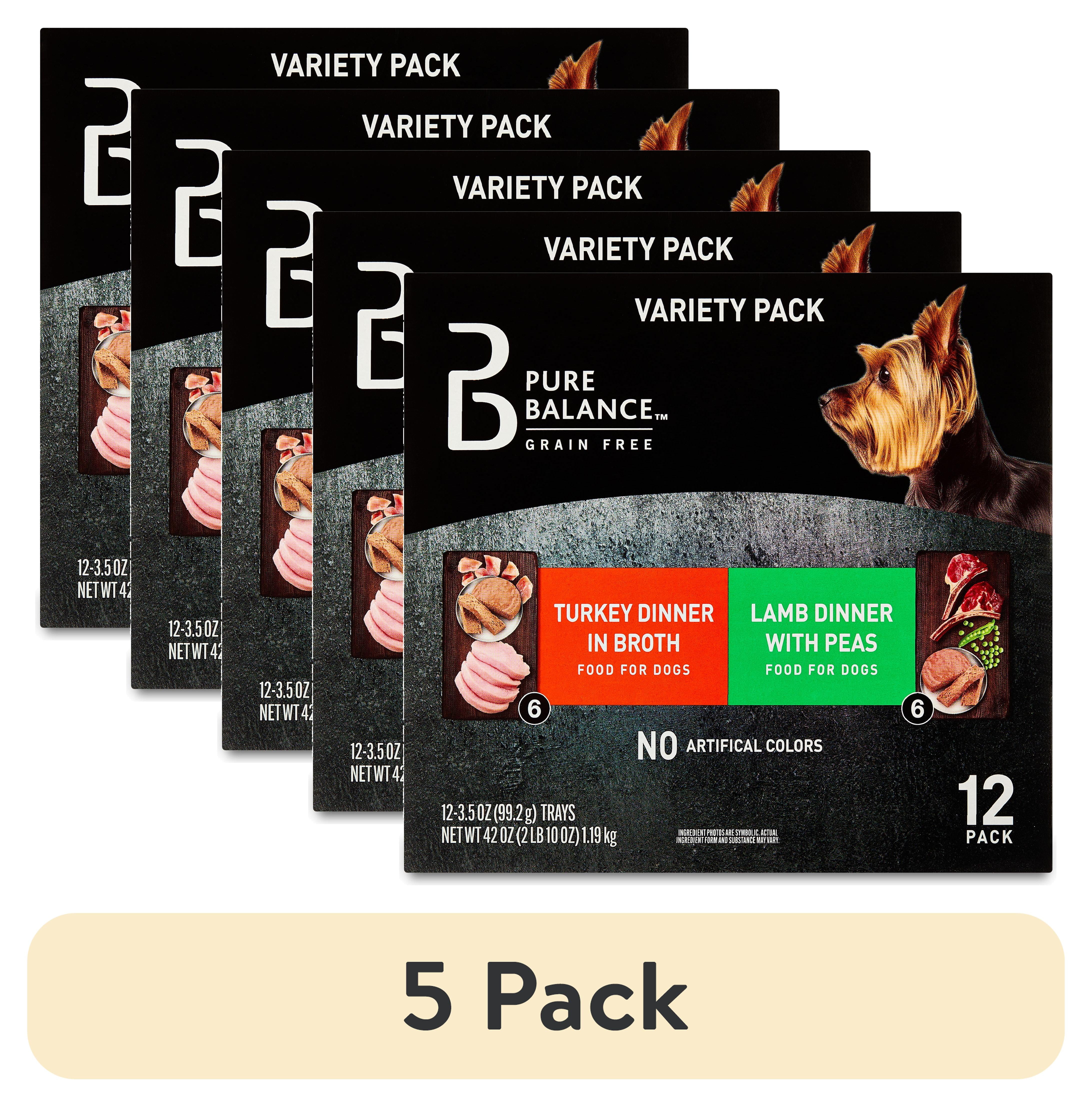 (5 pack) Pure Balance Grain-Free Wet Dog Food Variety Pack, Turkey and Lamb Trays, 12 Count, 3.5 oz