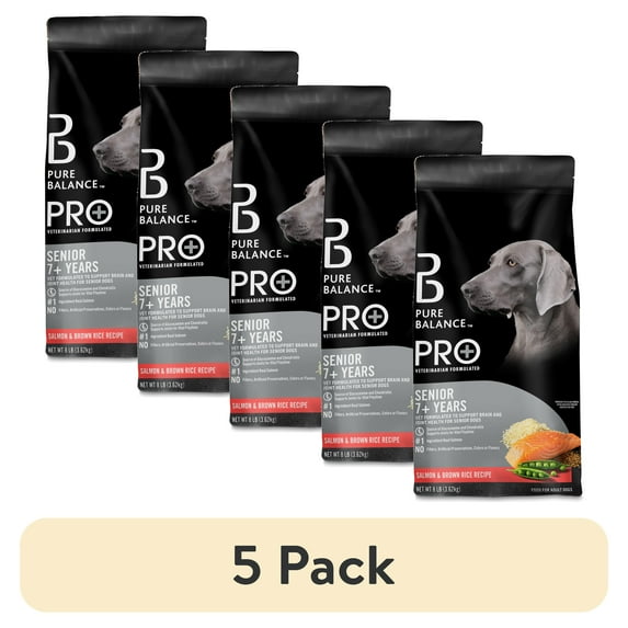 (5 pack) Pure Balance Pro+ Senior Salmon & Brown Rice Recipe Dry Dog Food, 8 lbs