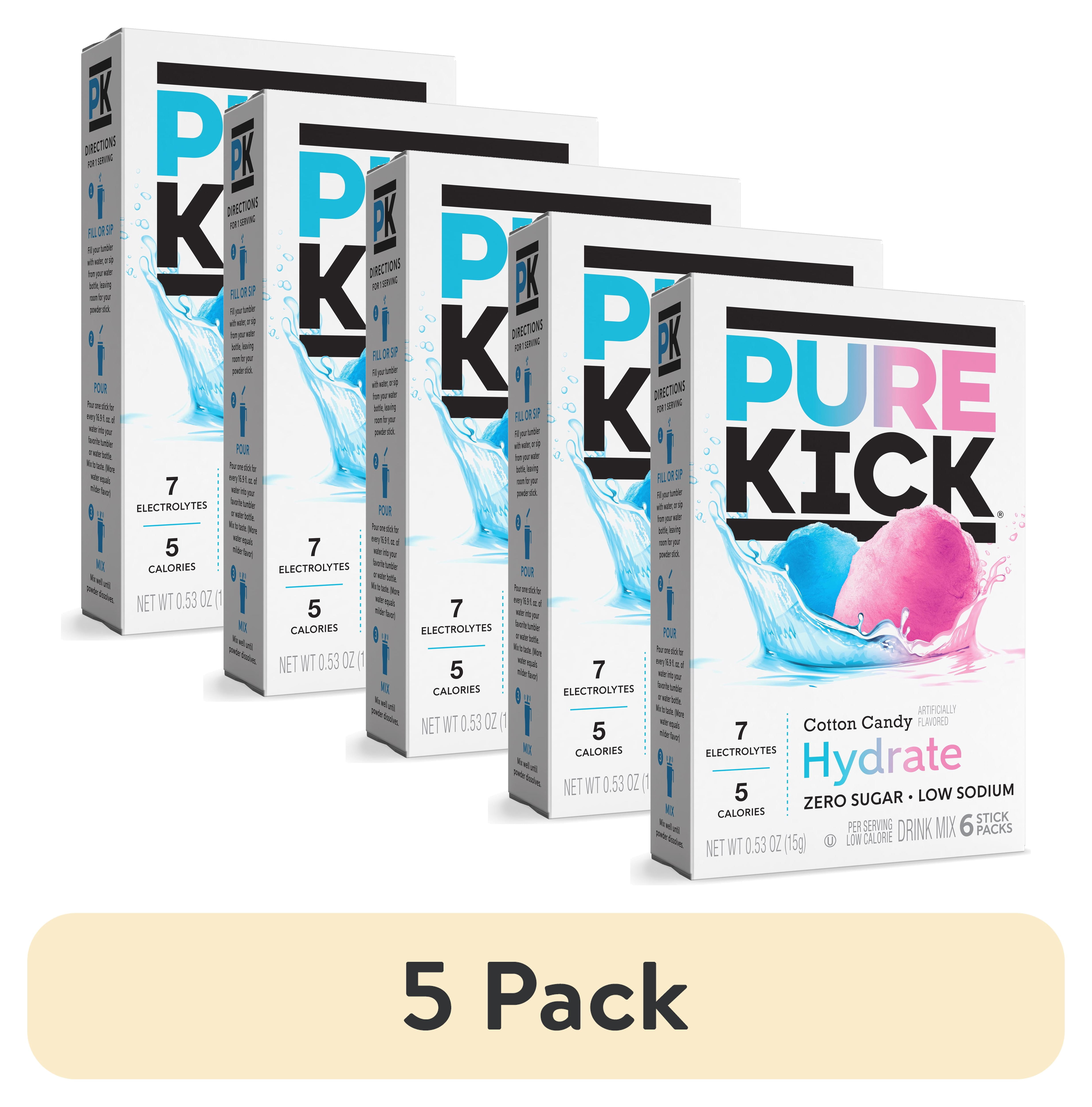 (5 pack) Pure Kick Cotton Candy, Hydration Electrolyte Powdered Drink Mix, 6 Count Packets