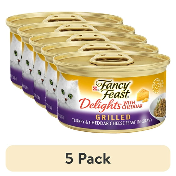 (5 pack) Purina Fancy Feast Delights with Cheddar Wet Cat Food, Grilled Turkey & Cheddar, 3 oz Cans