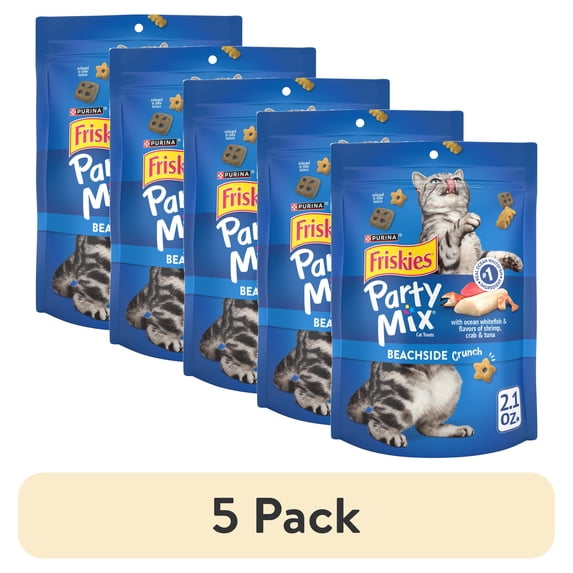 (5 pack) Purina Friskies Party Mix Beachside Crunch, Cat Treats, Shrimp, Crab, & Tuna, 2.1 oz Bag