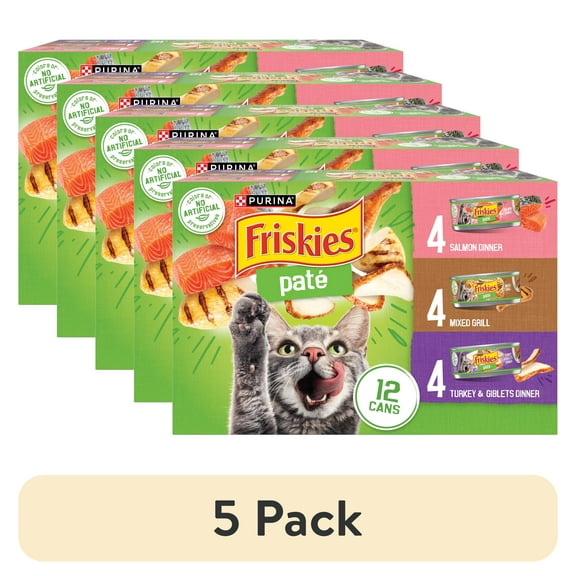 (5 pack) Purina Friskies Pate Salmon, Turkey, and Mixed Grilled, Wet Cat Food, 5.5 oz Can, 12 Pack