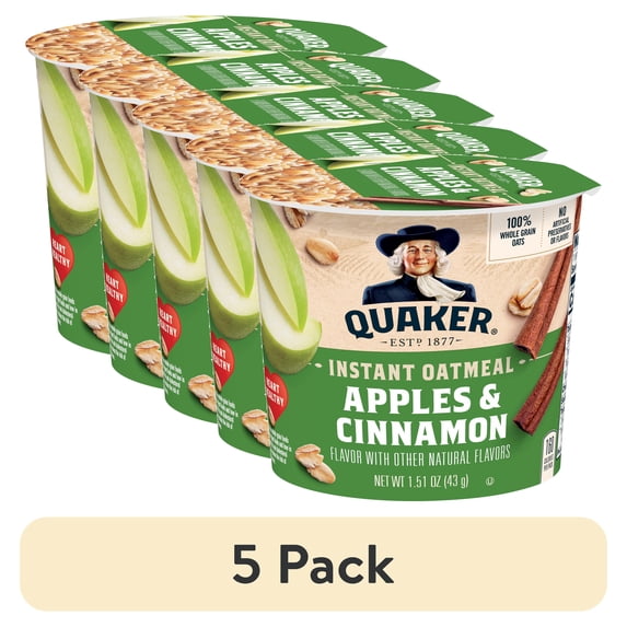 (5 pack) Quaker Instant Oatmeal, Apple Cinnamon, Quick Cook Oatmeal, 1.5oz Cup