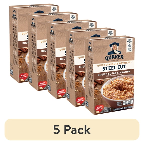 (5 pack) Quaker Steel Cut Quick 3 Minute Oatmeal, Brown Sugar & Cinnamon, 1.69 oz Packets, 8 Count