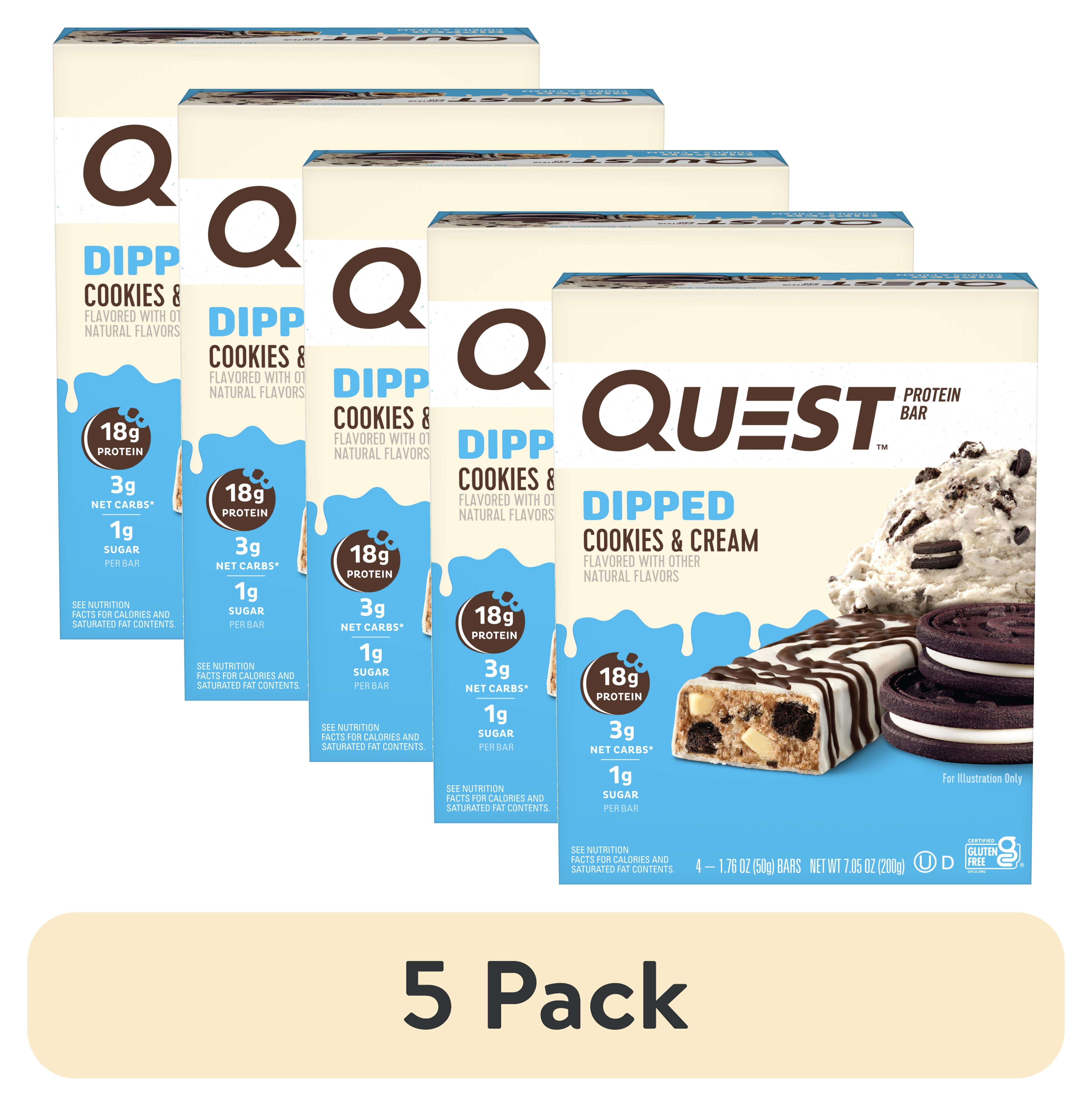 (5 pack) Quest Dipped Cookies and Cream Protein Bar, 18g Protein, Gluten Free, 4 Count