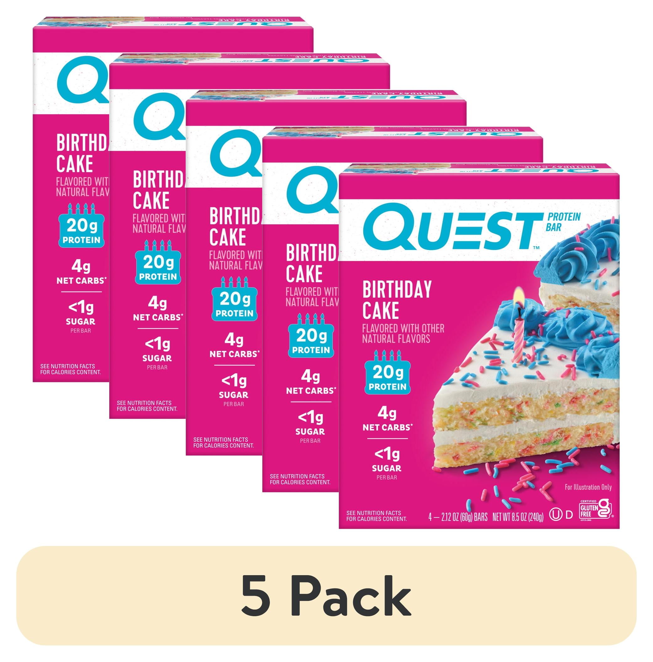 (5 pack) Quest Protein Bar, Birthday Cake Flavored, Gluten Free, 20g of Protein, 4 Count