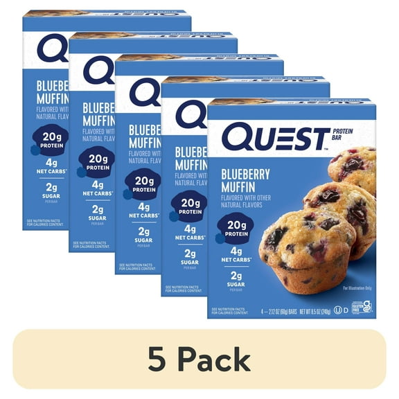 (5 pack) Quest Protein Bar, Blueberry Muffin Flavor, 20g of Protein, Gluten Free, 4 Count