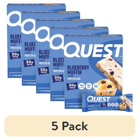 (5 pack) Quest Protein Bar, Blueberry Muffin Flavor, 21g of Protein, Gluten Free, 4 Count