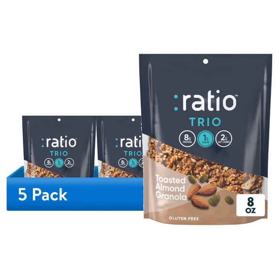 (5 pack) Ratio Trio Toasted Almond Granola Cereal, 1g Sugar, Keto Friendly, 8 oz Resealable Bag