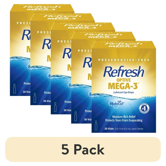 (5 pack) Refresh Optive Mega-3 Lubricant Eye Drops Preservative-Free Artificial Tears, 0.4 ml, 30 Count