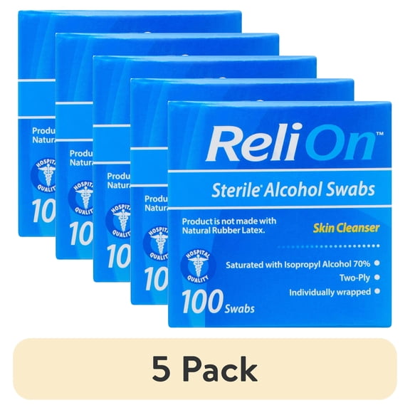 (5 pack) ReliOn Sterile Alcohol Swabs, 100 Count for First Aid Supplies