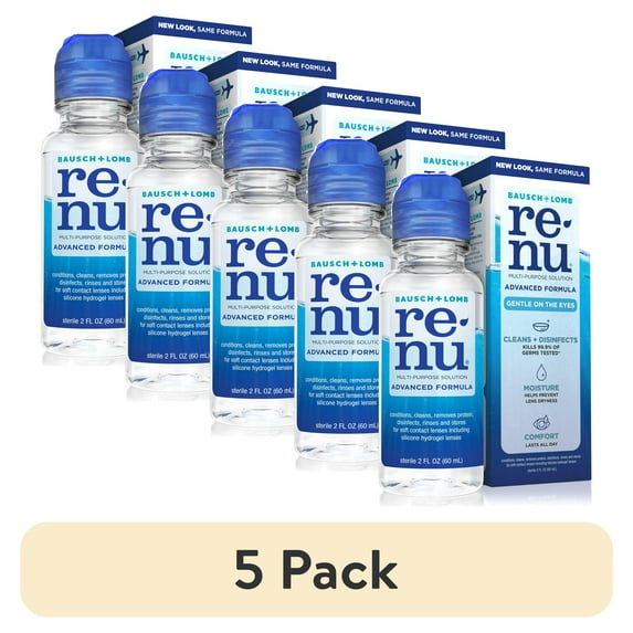 (5 pack) Renu Contact Lens Solution, Advanced Formula Triple Disinfectant Contact Cleaning Solution–From Bausch + Lomb – 2 fl oz (60 mL)