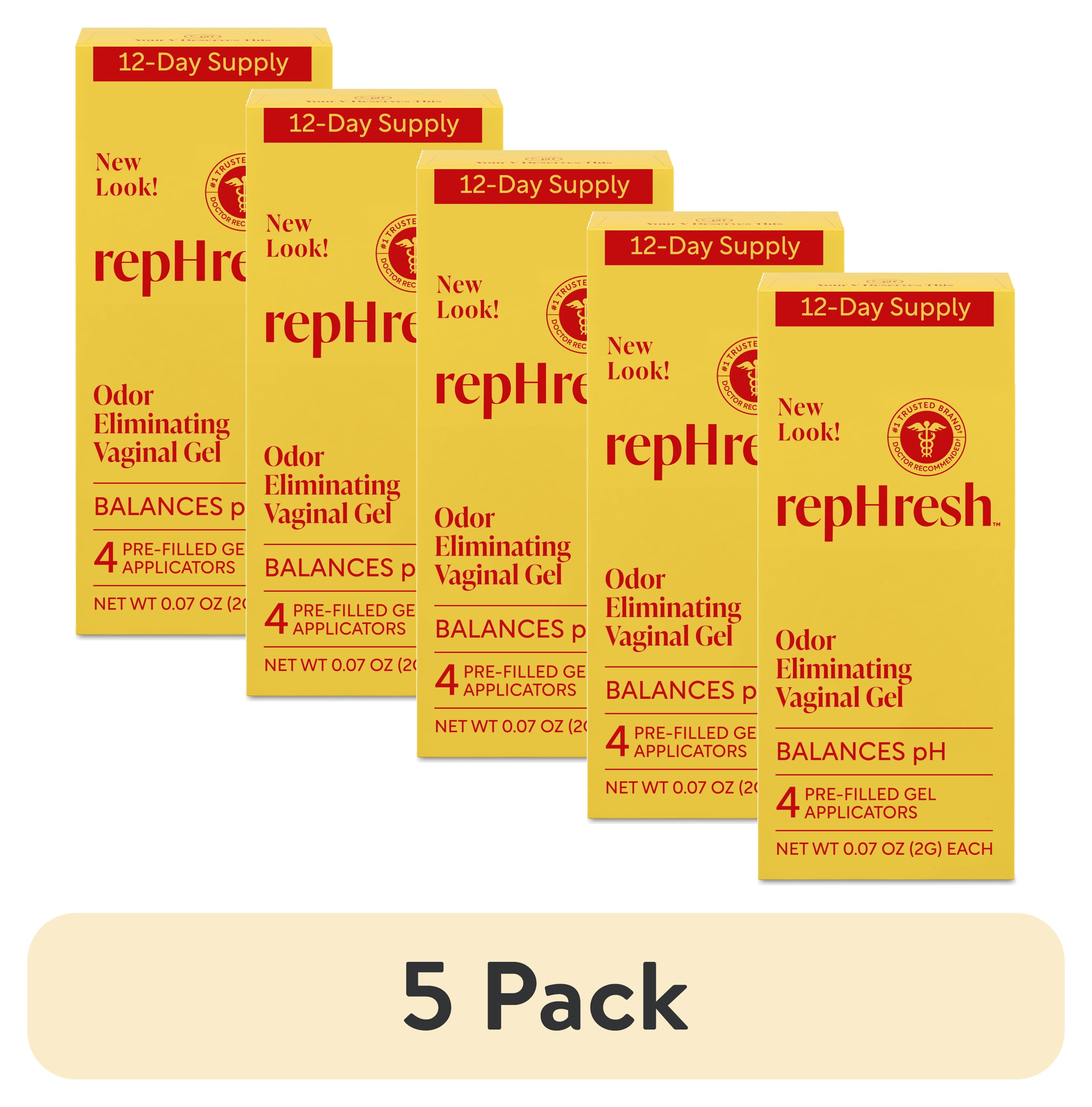 (5 pack) RepHresh Odor Eliminating Vaginal Gel, Fragrance Free, pH Balanced, Odor Control for Up to 3 Days, 4 Pre-Filled Applicators
