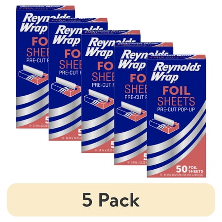 (5 pack) Reynolds Wrap Pre-Cut Pop-Up Aluminum Foil Sheets, 14 x 10.25 inches, 50 Sheets