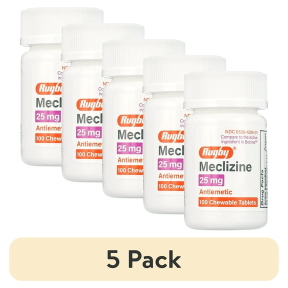 (5 pack) Rugby Meclizine 25 mg - 100 Chewable Tablets