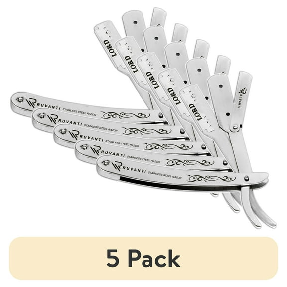 (5 pack) Ruvanti Straight Edge Razor for Professional Barbers, Best for Salon and Home Use - for Men's Shave (Silver)