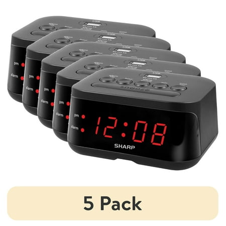 (5 pack) SHARP Digital Alarm Clock, Midnight Black, USB Charge Port, Red LED Display