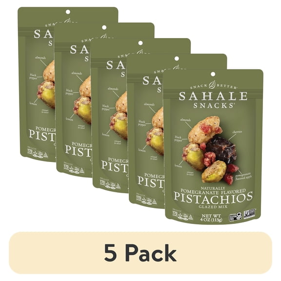 (5 pack) Sahale Snacks Glazed Mix of Naturally Pomegranate Flavored Pistachios, 4oz Pouch Sweet & Savory Nut Blend, Gluten-Free, Non-GMO