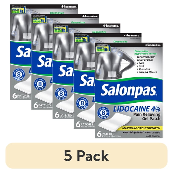 (5 pack) Salonpas Lidocaine Pain Relieving Gel-Patch with Maximum Strength Lidocaine, 6 Count