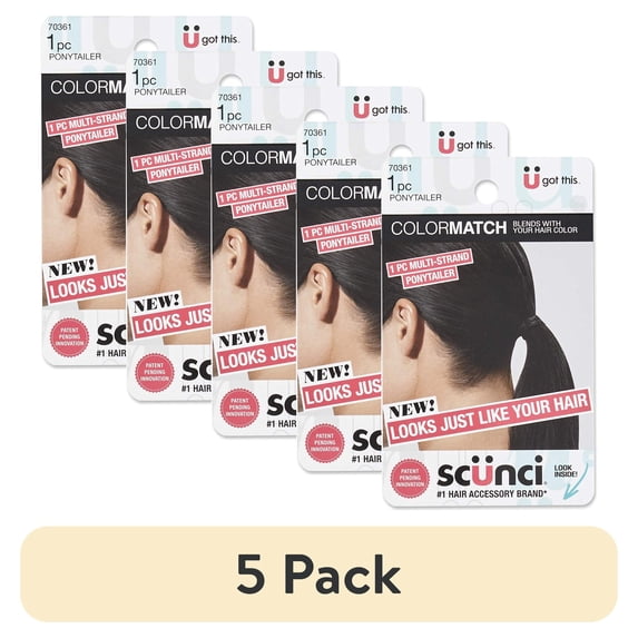 (5 pack) Scunci Color Match Elastic Hair Ponytail, Soft on Hair, Strong on Style, Designed to Match Your Hair Color, Black