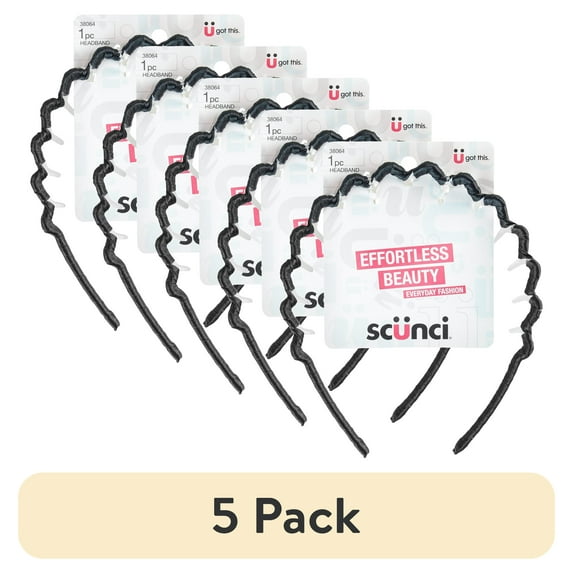 (5 pack) Scunci Fabric Covered Plastic Claw Headband in Black