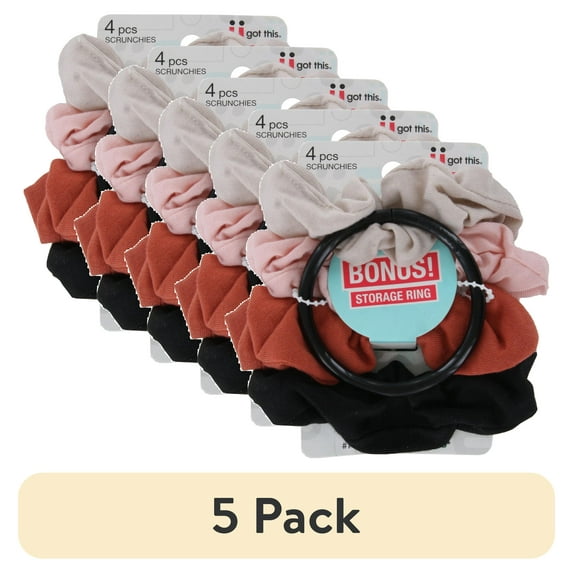 (5 pack) Scunci No Damage 4-Piece Scrunchies Set with BONUS Storage Ring, Seamless All-Day Hold Hair Ties, Assorted Colors