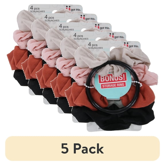(5 pack) Scunci No Damage 4-Piece Scrunchies Set with BONUS Storage Ring, Seamless All-Day Hold Hair Ties, Assorted Colors