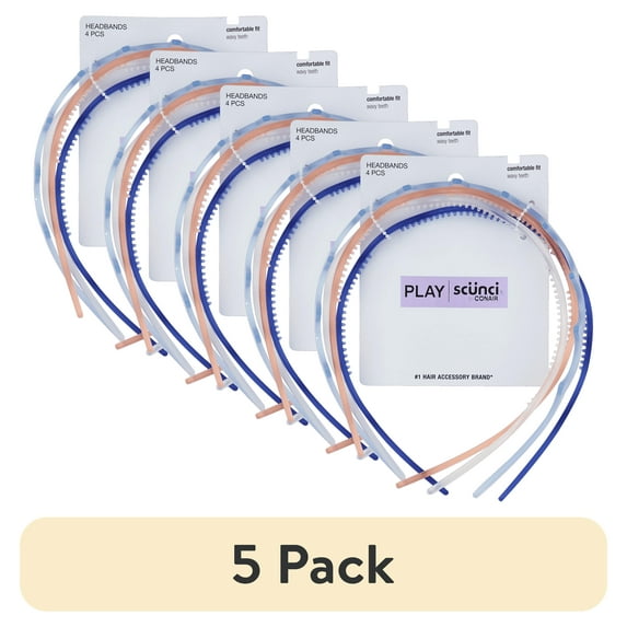 (5 pack) Scunci Play Comfortable Fit Jelly Plastic Wide Teeth Headbands, Assorted Colors, 4-Pieces