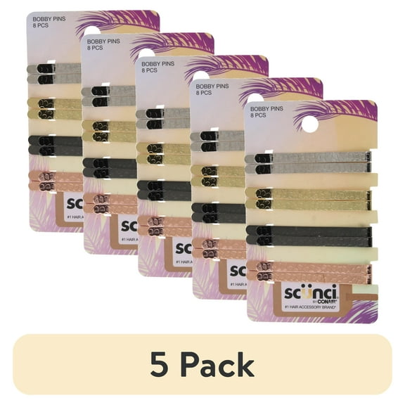 (5 pack) Scunci by Conair Bobby Pins, 8-Piece Set, Assorted Metallic Colors with Textured Design, Strong Hold for All Hair Types