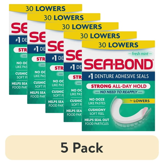 (5 pack) Sea Bond Secure Denture Adhesive Seals, Fresh Mint Lowers, All-Day-Hold, Mess-Free, 30 Count
