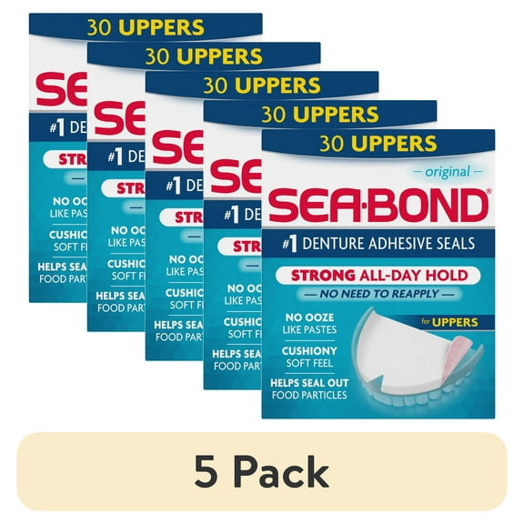 (5 pack) Sea Bond Secure Denture Adhesive Seals, Original Uppers, Zinc-Free, All-Day-Hold, Mess-Free, 30 Count