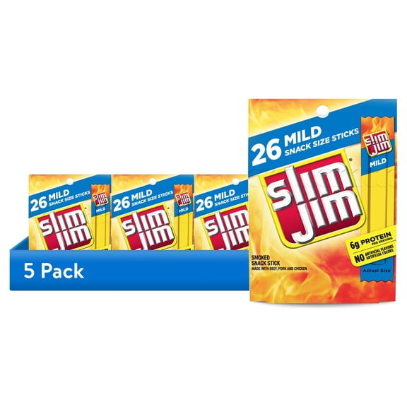 (5 pack) Slim Jim Smoked Meat Sticks, Mild Flavor, 6g Protein Per Serving, Snack Size, 0.28 oz., 26-Count (Pack of 5)