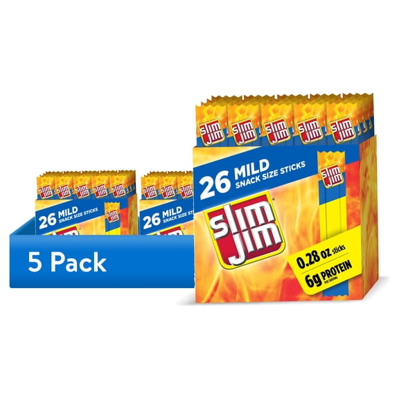 (5 pack) Slim Jim Smoked Jerky Snack Sticks, Mild Flavor, 6g Protein Per Serving, Lunchbox Snacks, 0.28 oz. (26-Count)