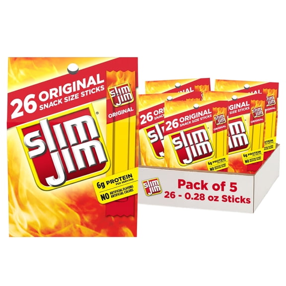 (5 pack) Slim Jim Smoked Meat Sticks, Original Flavor, 6g Protein Per Serving, Snack Size, Easter Basket Stuffer for Men, 0.28 oz. (26 Count)