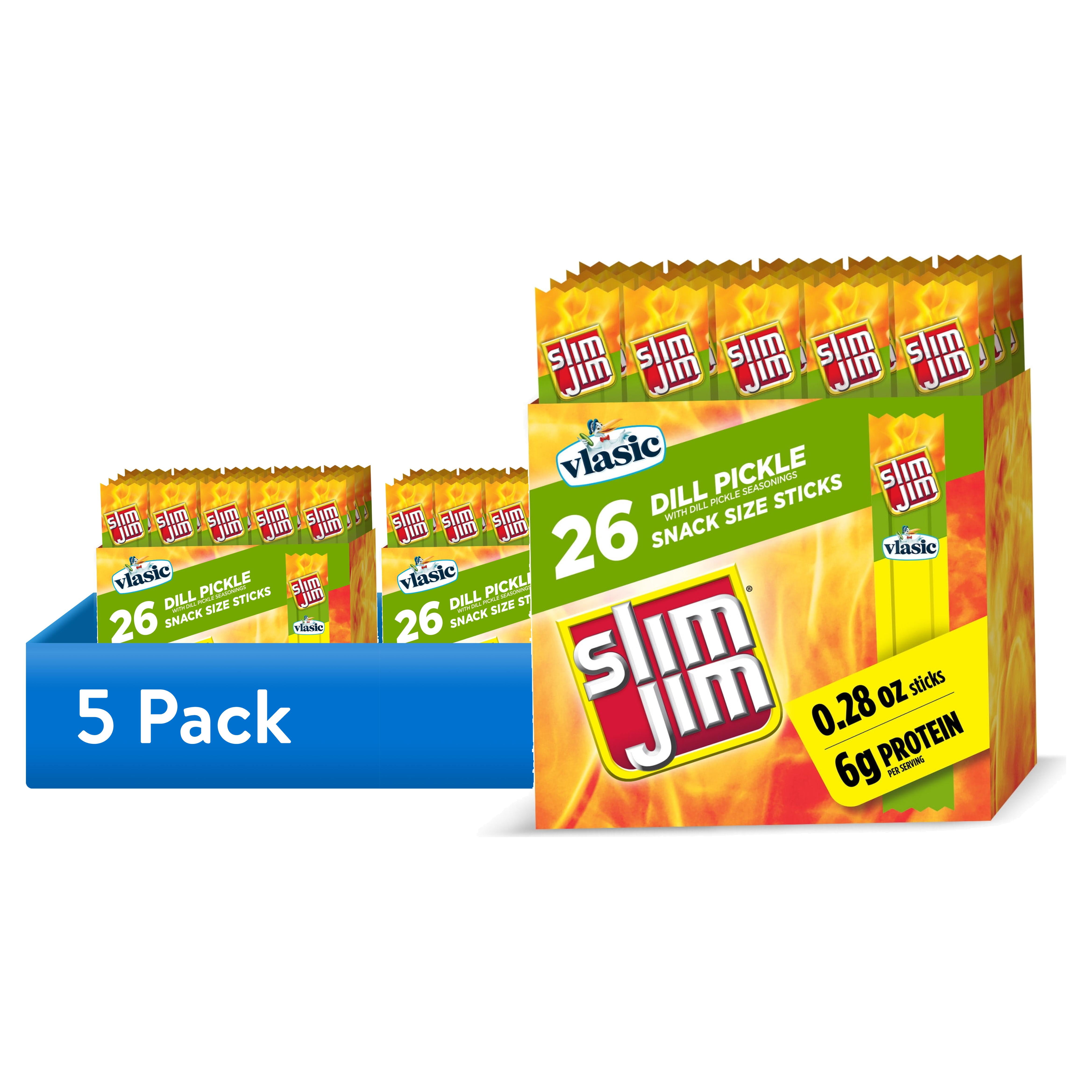 (5 pack) Slim Jim Smoked Meat Sticks, Vlasic Dill Pickle Flavor, 6g Protein Per Serving, Snack Size, Halloween Snack, 0.28 oz. (26 Count)