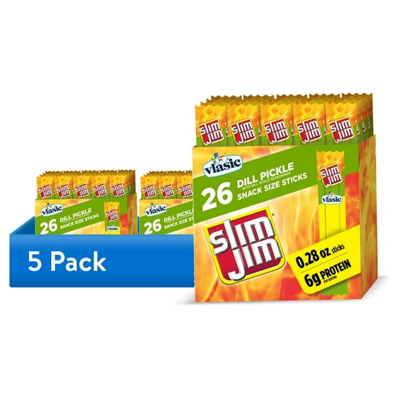 (5 pack) Slim Jim Smoked Meat Sticks, Vlasic Dill Pickle Flavor, 6g Protein Per Serving, Snack Size, Easter Basket Stuffer for Men, 0.28 oz. (26 Count)