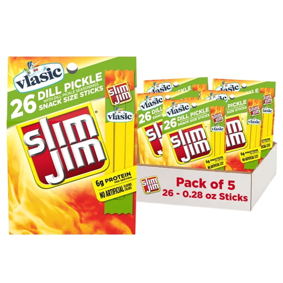(5 pack) Slim Jim Smoked Jerky Snack Sticks, Vlasic Dill Pickle Flavor, 6g Protein Per Serving, 0.28 oz. (26-Count)