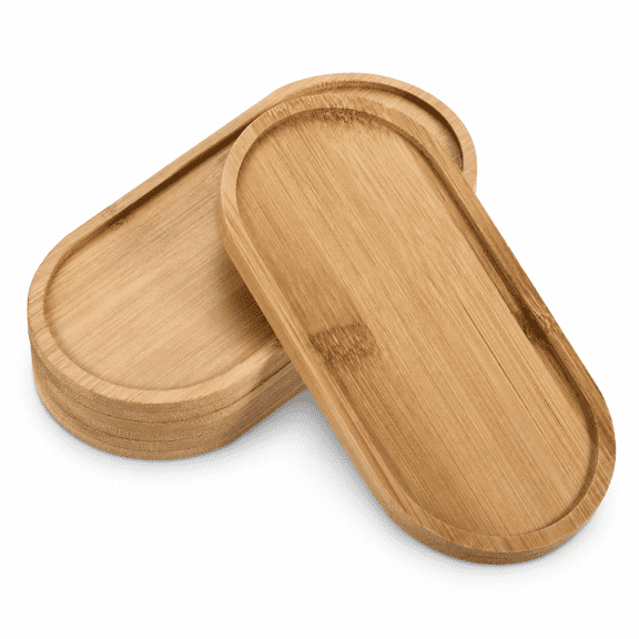 5-pack Small Oval Bamboo Tray for Kitchen Counter,  Spice Organizer and Tea Station Plate  Compact Serving Board for Salt, Pepper, Oil Cruets, Tea Bags, Coffee Pods and Small Plants