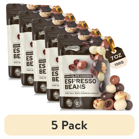 (5 pack) Snackathon Chocolate Covered Espresso Beans, 4 Chocolate Blend (Dark, Milk, White, Marbled), 7 OZ Resealable Bag, Gourmet Candy Snack for Coffee Lovers